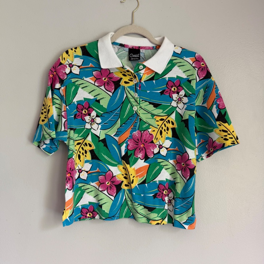 Vintage Catalina Tropical Floral Polo Shirt Womens Medium Made in USA Colorful